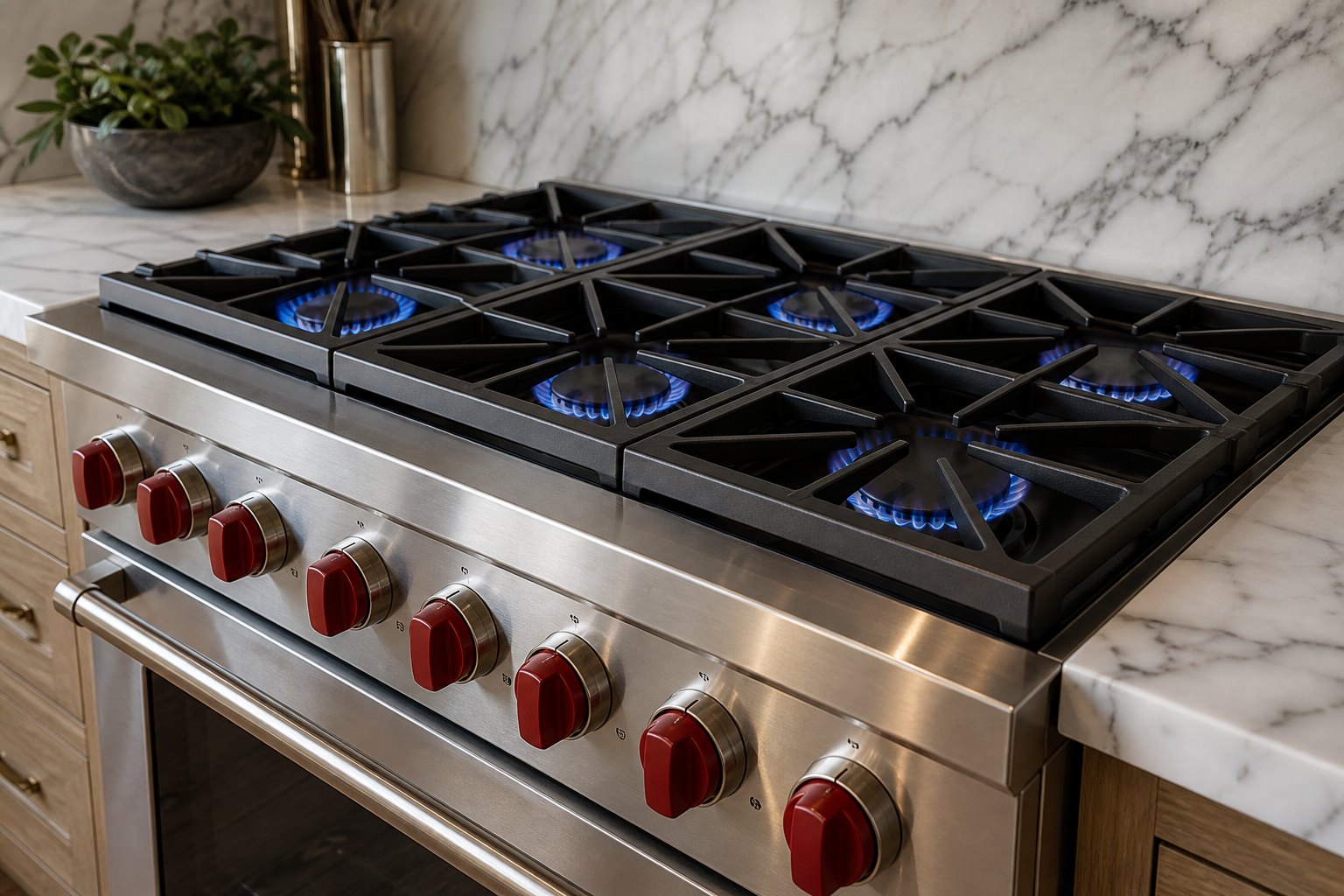 A stainless Wolf range with red control knobs in a neutral Fremont kitchen