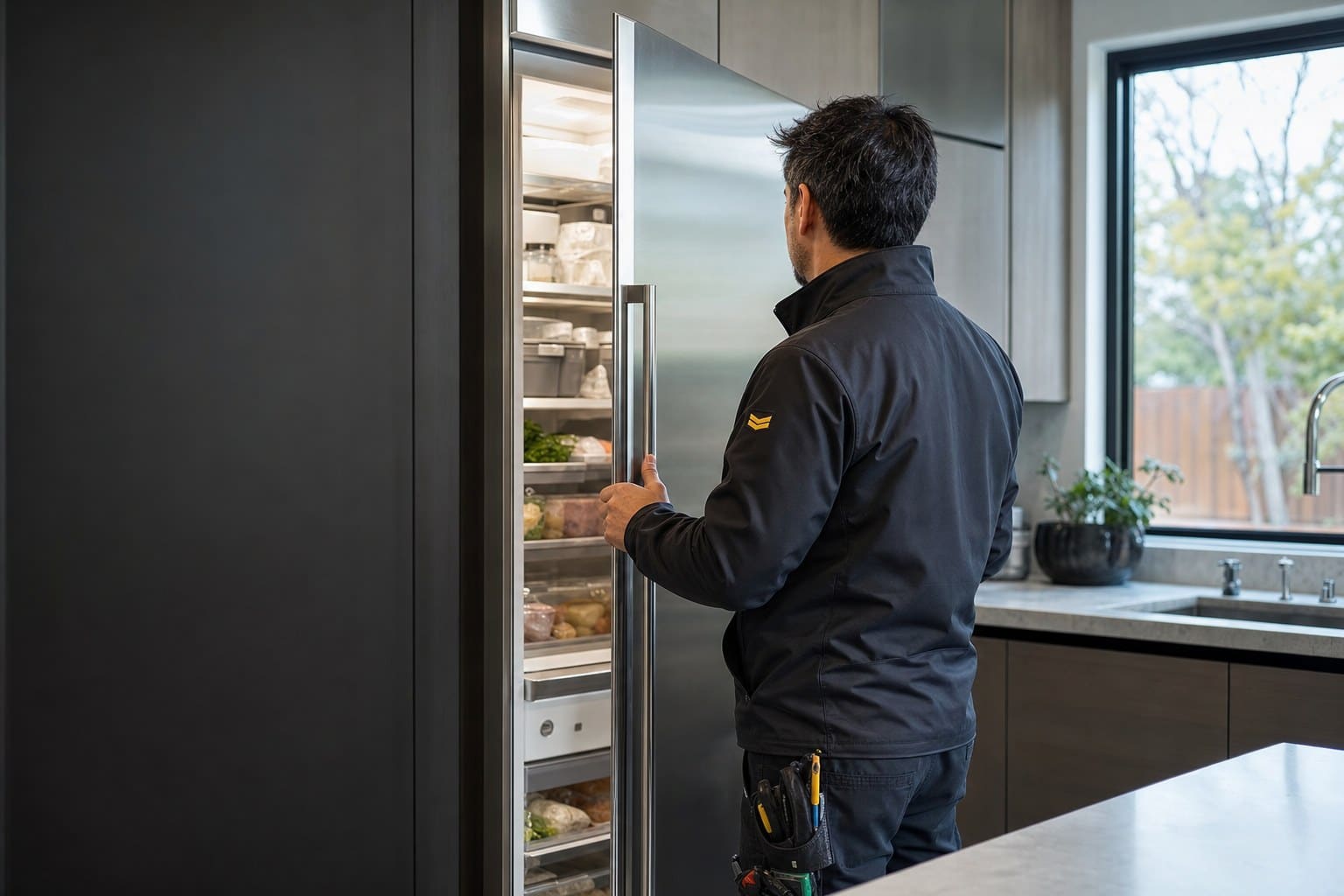 Sub-Zero Fremont technician opening a built-in refrigerator column in a Fremont kitchen