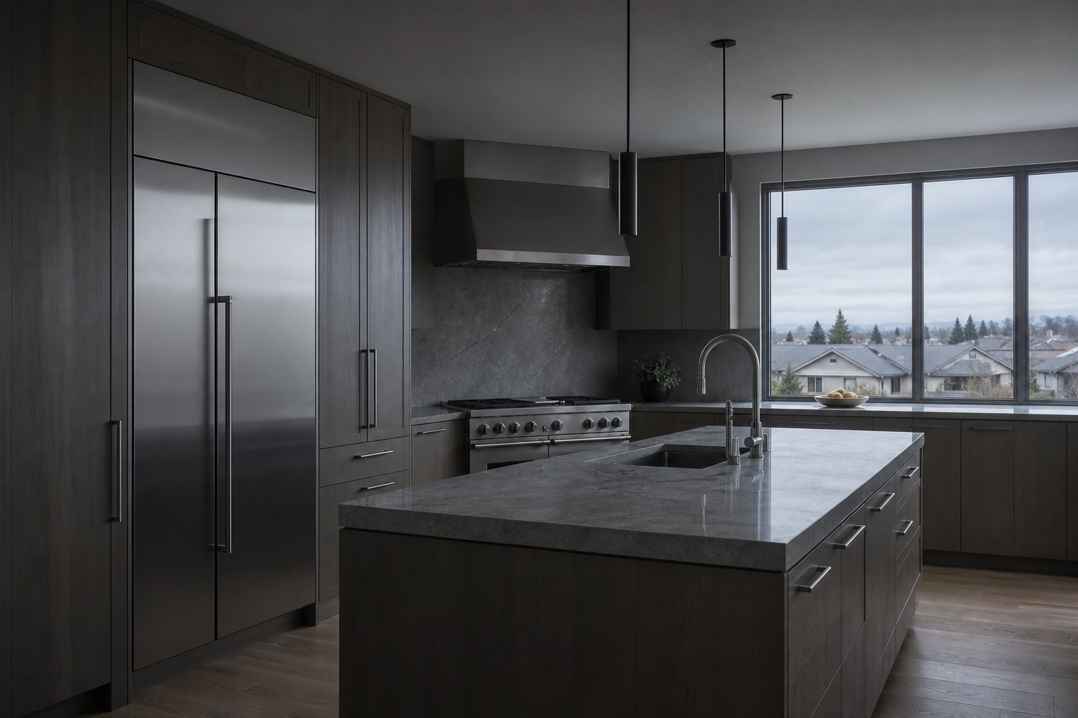 Neutral high-end Fremont kitchen with grey cabinetry, quartz counters and built-in Sub-Zero appliances