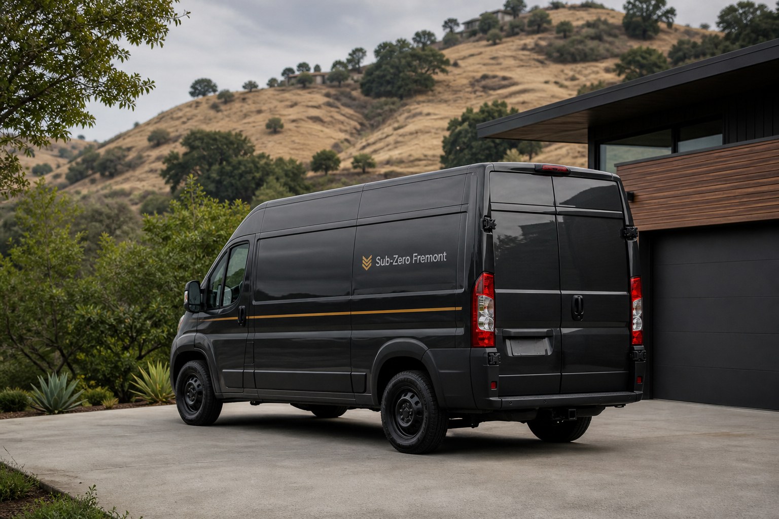 Graphite Sub-Zero Fremont service van in the driveway of a Fremont home near the Mission San Jose hills