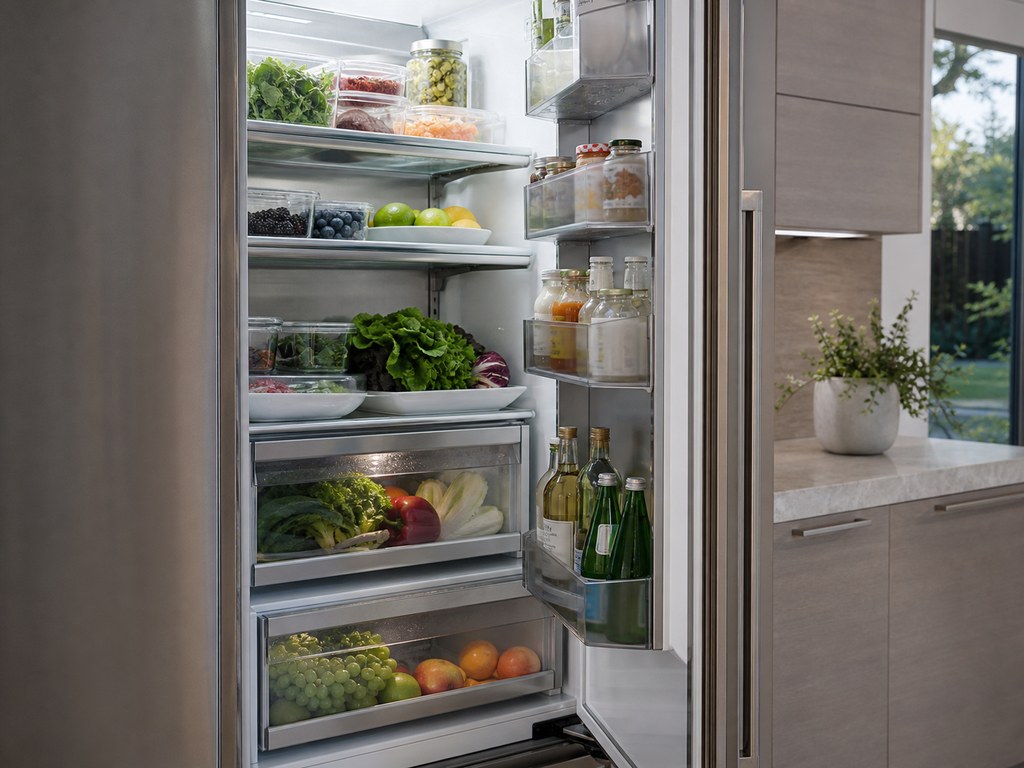 Open built-in Sub-Zero refrigerator compartment showing the fresh-food section in a Fremont kitchen