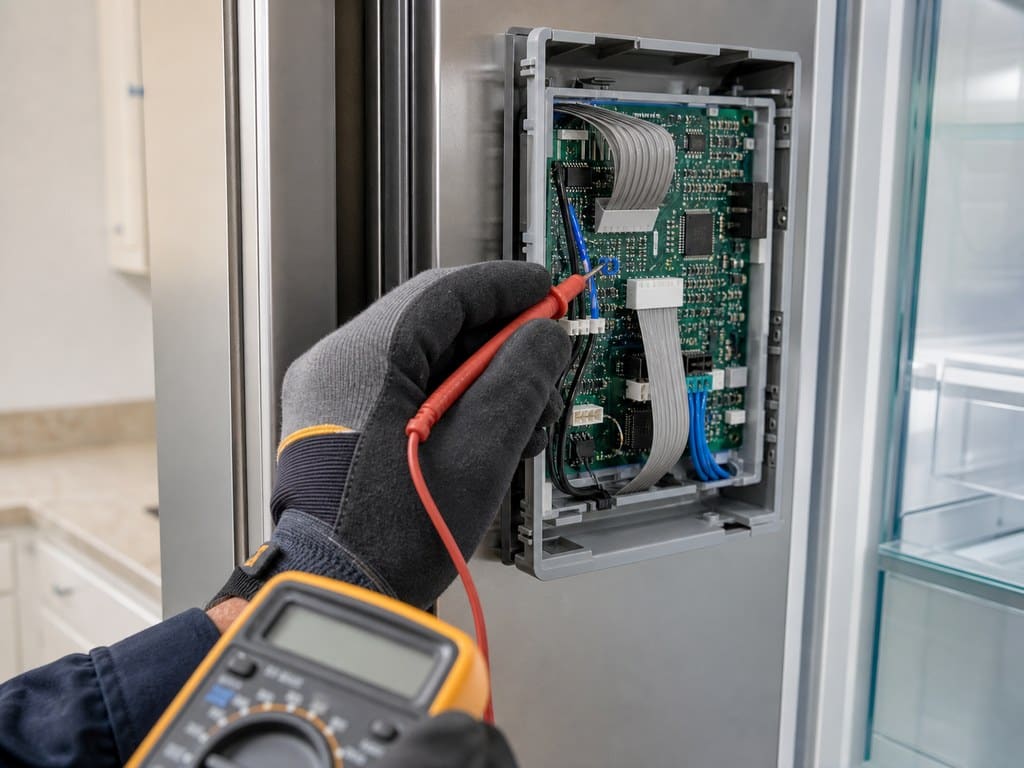 Technician at a Sub-Zero electronic control panel and circuit board during diagnostics
