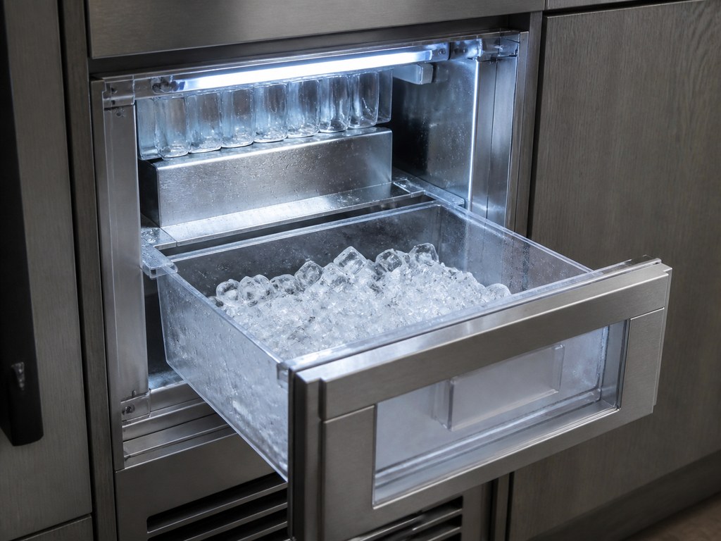 Built-in Sub-Zero clear-ice maker full of cubes in a newer Warm Springs kitchen in Fremont