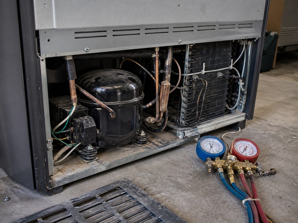 Compressor, condenser coils and copper sealed-system tubing inside a built-in Sub-Zero refrigerator