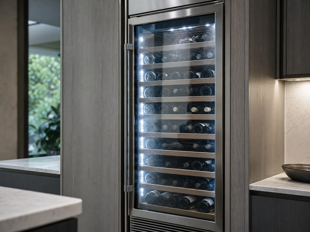 A built-in Sub-Zero wine storage column stocked with bottles in a Fremont home