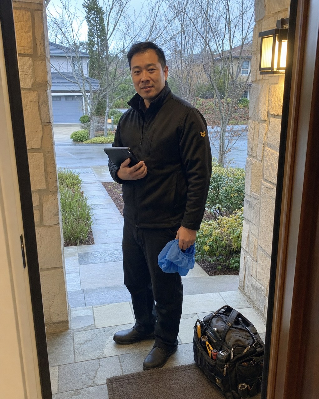 Sub-Zero Fremont technician with a tablet at the front door of a newer Warm Springs home in Fremont