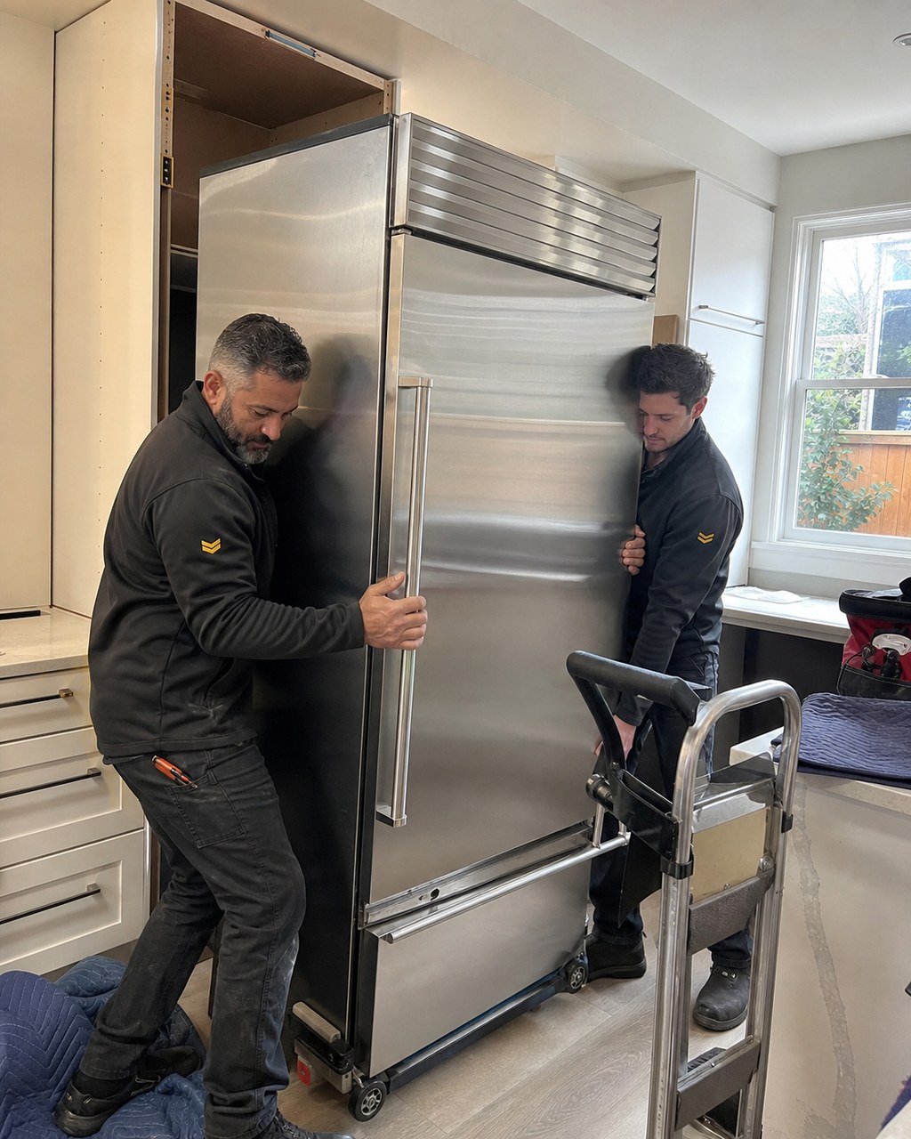 Two technicians sliding a long-serving built-in Sub-Zero column out of cabinetry in a Fremont estate kitchen