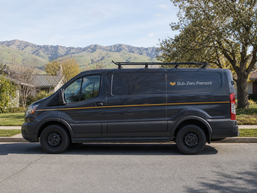 Graphite Sub-Zero Fremont service van parked on a tree-lined Fremont residential street with the Mission Peak ridgeline behind