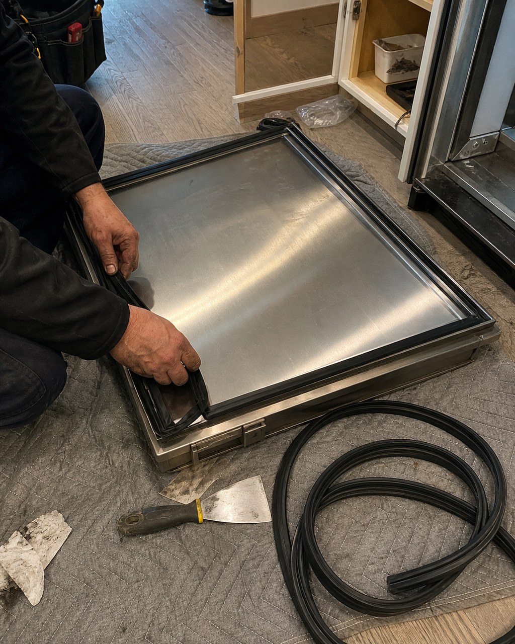 Technician fitting a new OEM door gasket to a Sub-Zero refrigerator door in a Fremont kitchen