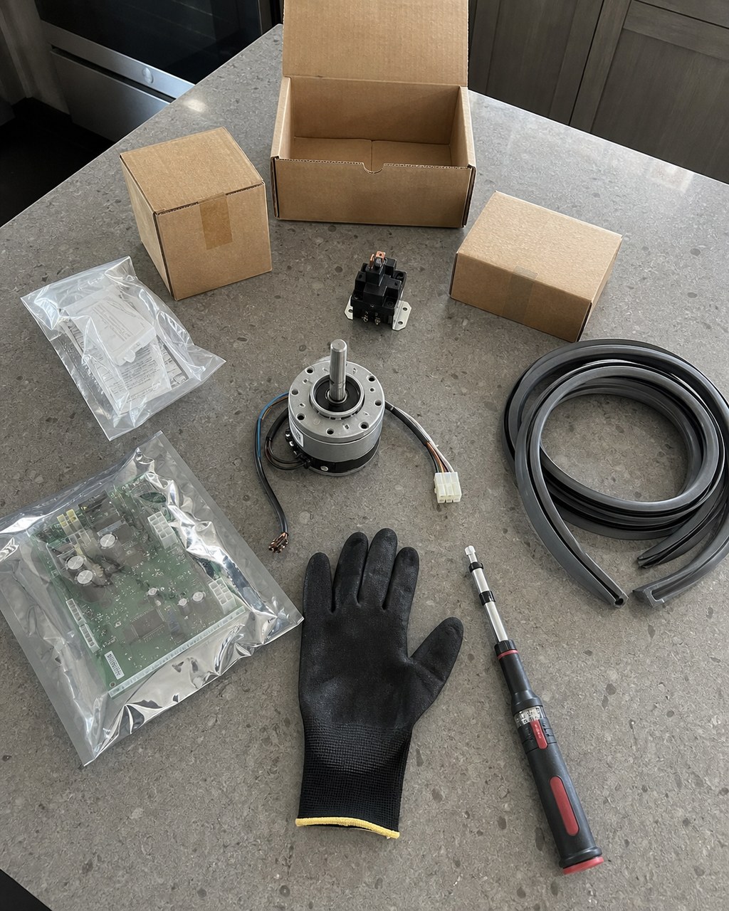 Genuine OEM Sub-Zero parts laid out on a quartz counter during a Fremont repair