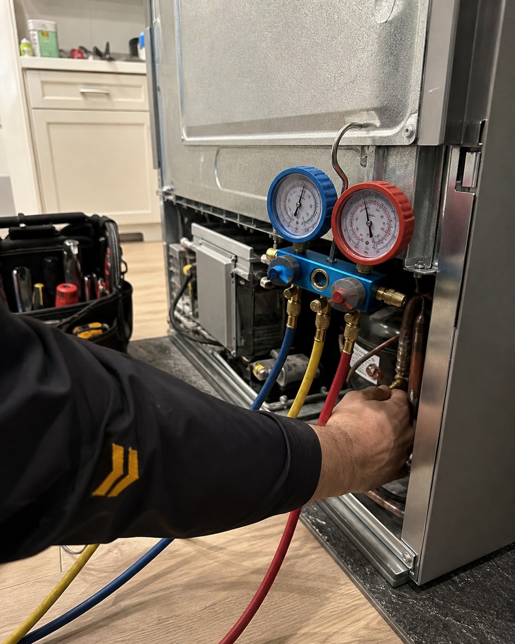 Refrigeration manifold gauges connected to a built-in Sub-Zero sealed system during diagnosis in a Fremont kitchen